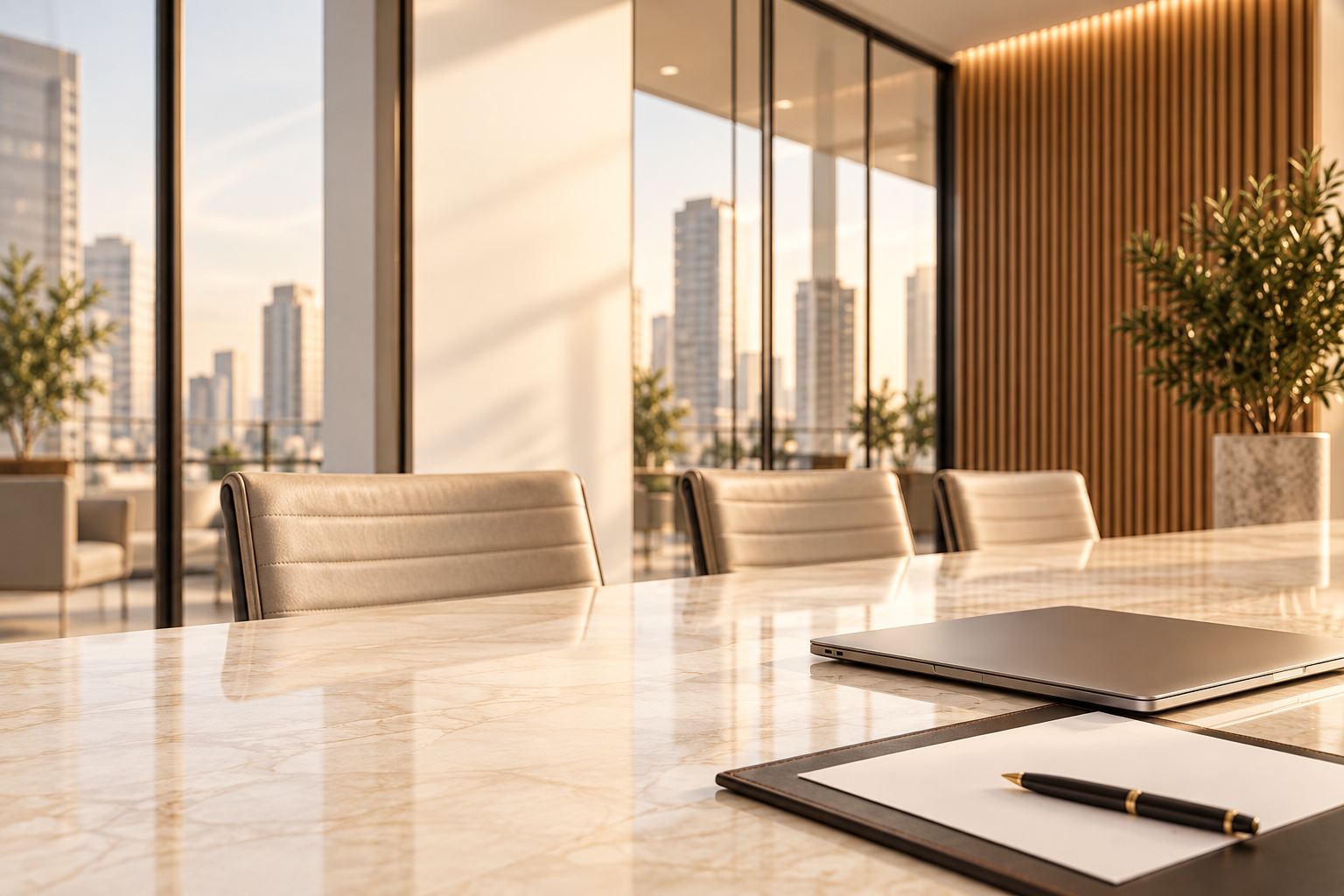Ambiente empresarial ilustrativo com mesa de reunião